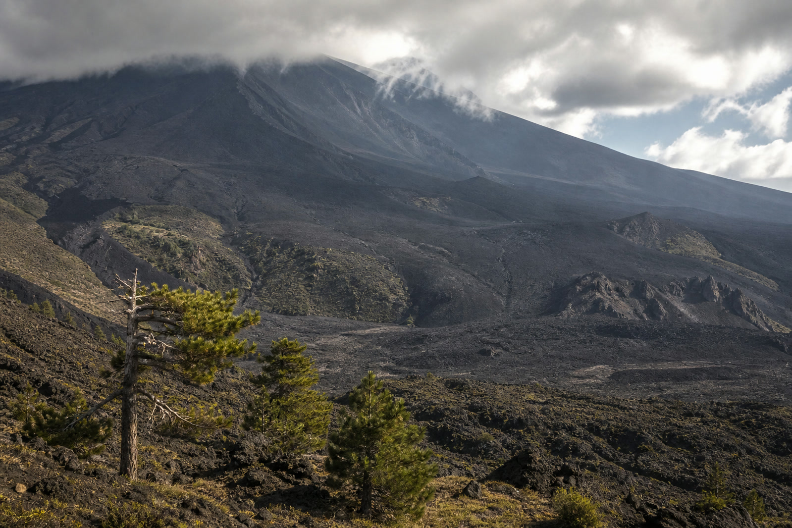 Il versante sud dell’Etna sopra Nicolosi, tra le colate e i pini