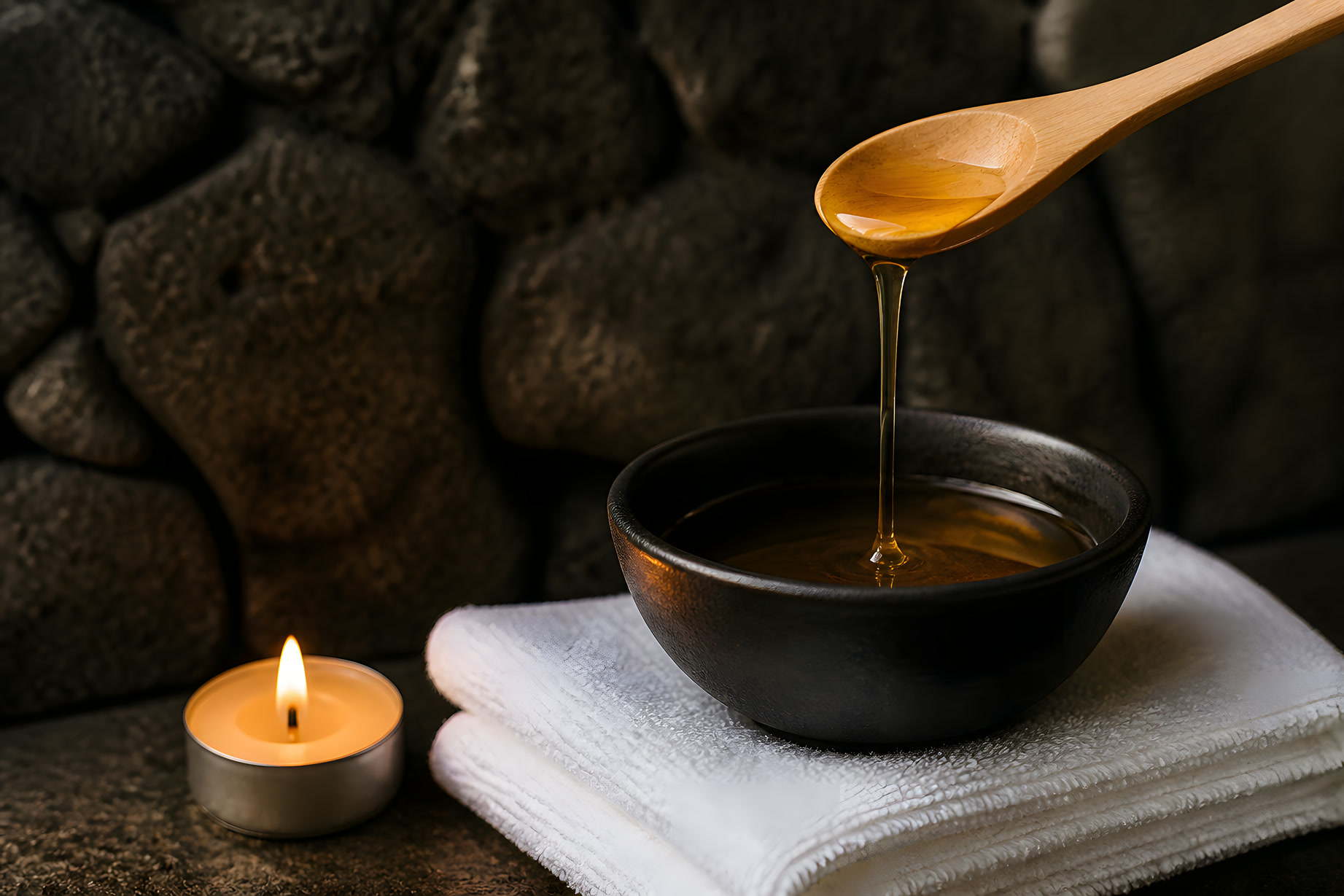 Ciotola di olio caldo da massaggio, candela e telo di cotone sulla pietra lavica