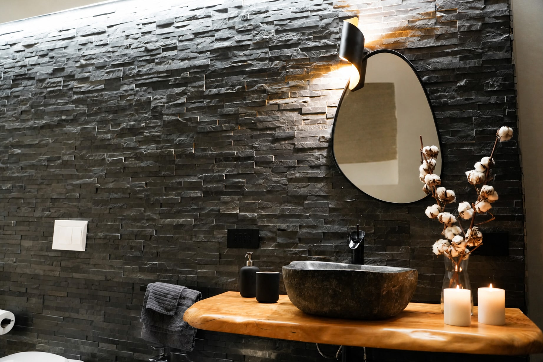 Lavabo in pietra con fiori di cotone e candele accese